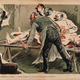 A physician rushes into an operating theatre, exclaiming that there has been an error in diagnosis; unfortunately, the patient is already lying there, opened up. Colour photomechanical reproduction of a lithograph, c. 1900.
